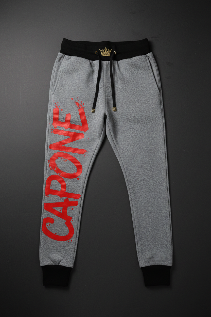 CAPONE Graffiti Grey Track Pants - Grey marl jogger with red graffiti lettering