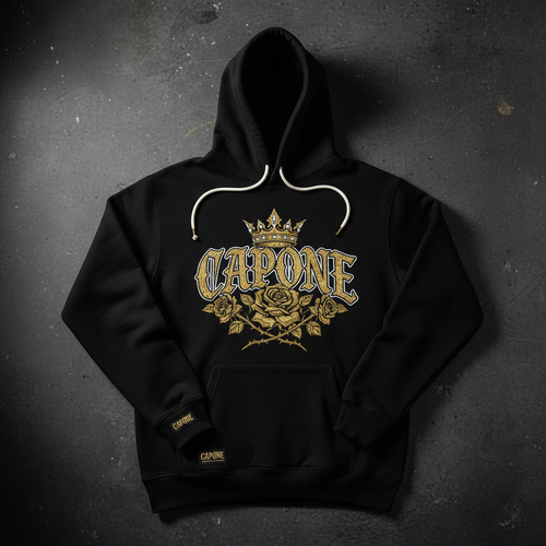 CAPONE Crown Rose Hoodie - Black pullover with gold crown and rose graphic