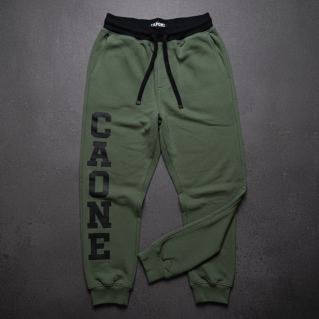 CAPONE Varsity Olive Track Pants - Olive green jogger with black varsity lettering