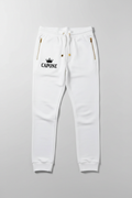 CAPONE White Crown Track Pants - White jogger with black gothic lettering