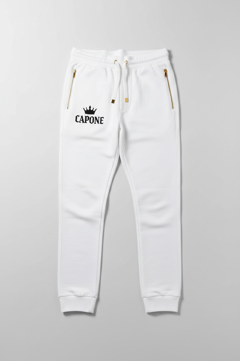 CAPONE White Crown Track Pants - White jogger with black gothic lettering