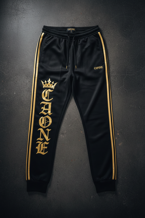 CAPONE Crown Gold Track Pants - Black jogger with gold lettering
