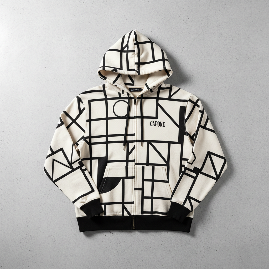 CAPONE Geometric Zip Hoodie - Cream zip-up with bold geometric back print
