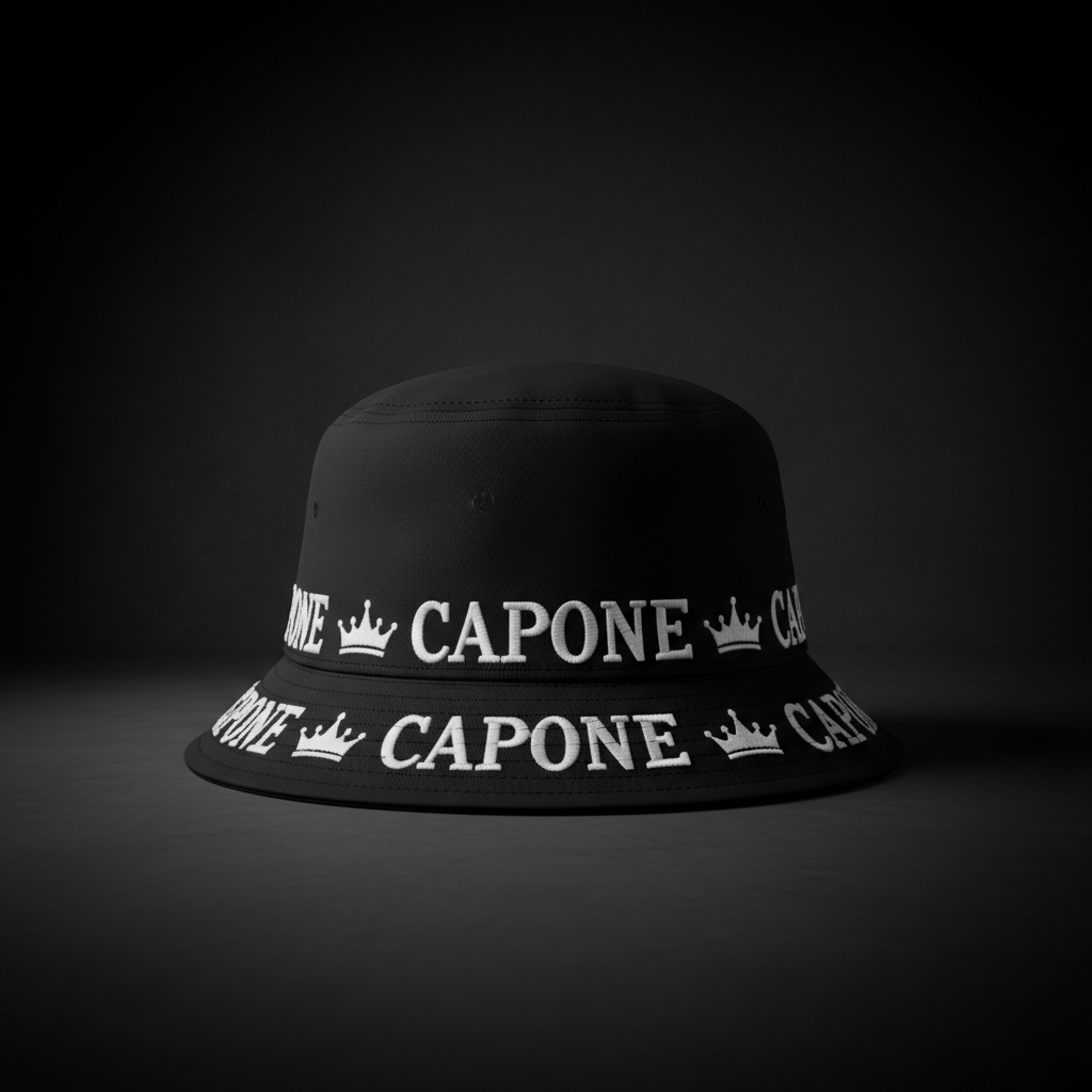 CAPONE Bucket Hat - All black with embroidered CAPONE text and crown motif