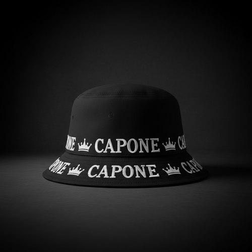CAPONE Bucket Hat - All black with embroidered CAPONE text and crown motif