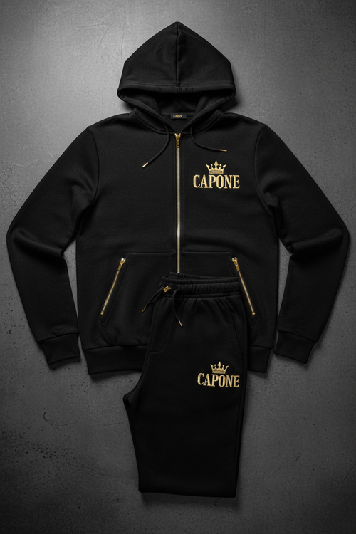 CAPONE All-Black Gold Tracksuit - Full matching black set with gold lettering