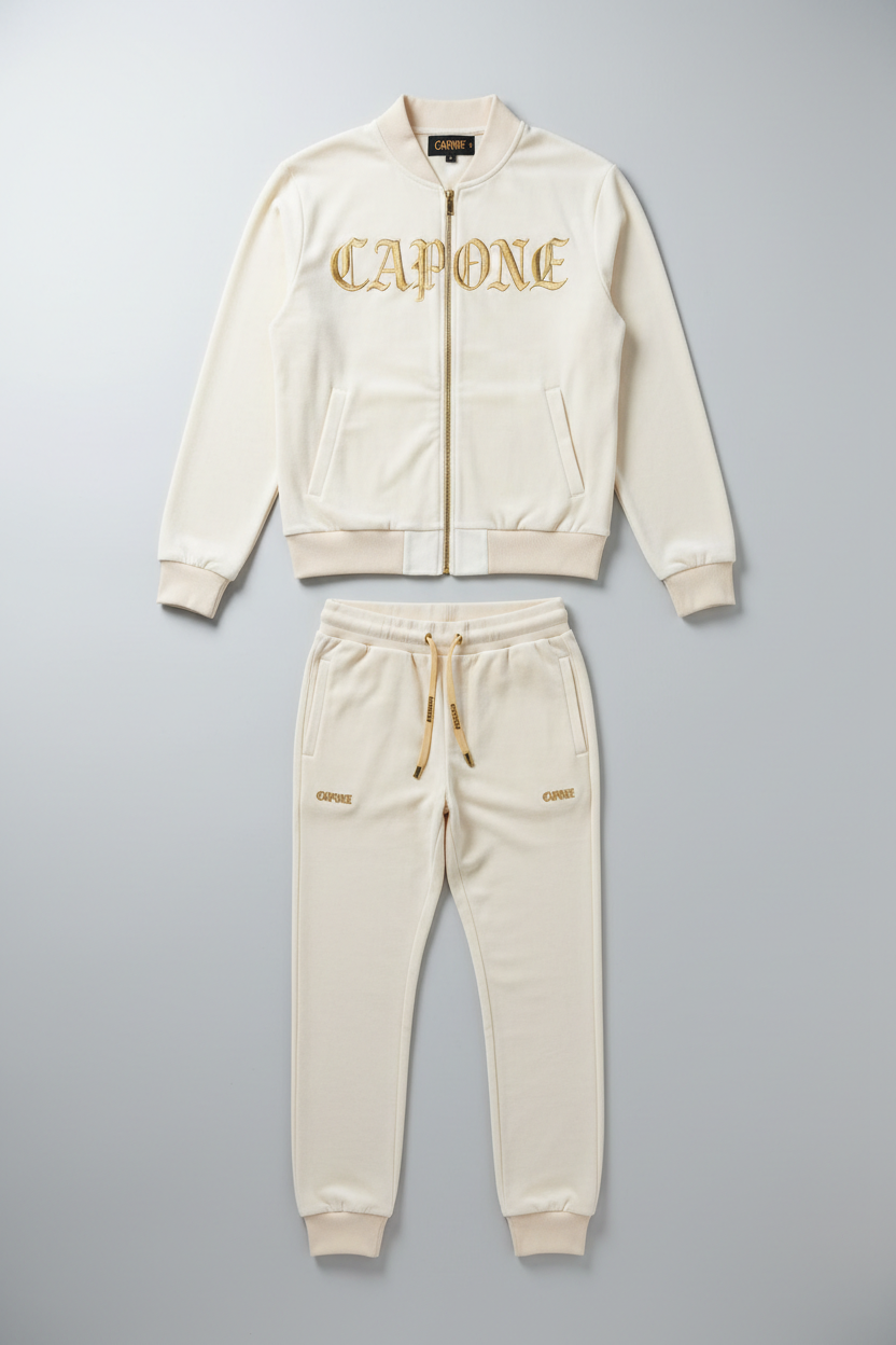 CAPONE Cream Royale Tracksuit - Cream velour full matching set with gold lettering