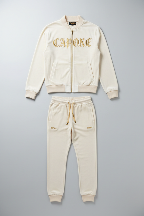 CAPONE Cream Royale Tracksuit - Cream velour full matching set with gold lettering